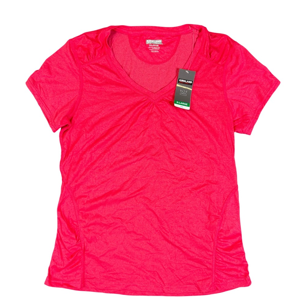 NWT Kirkland Signature Womens Pink V-Neck Active Tee Ruched Side Short Sleeve XL